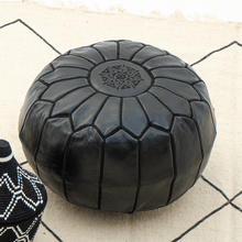 Load image into Gallery viewer, Moroccan Leather Pouf Black Colour- Khessa Standard