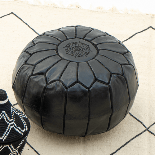 Moroccan Leather Pouf Black Colour- Khessa Standard