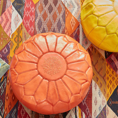 Moroccan Leather Pouf Orange- Khessa