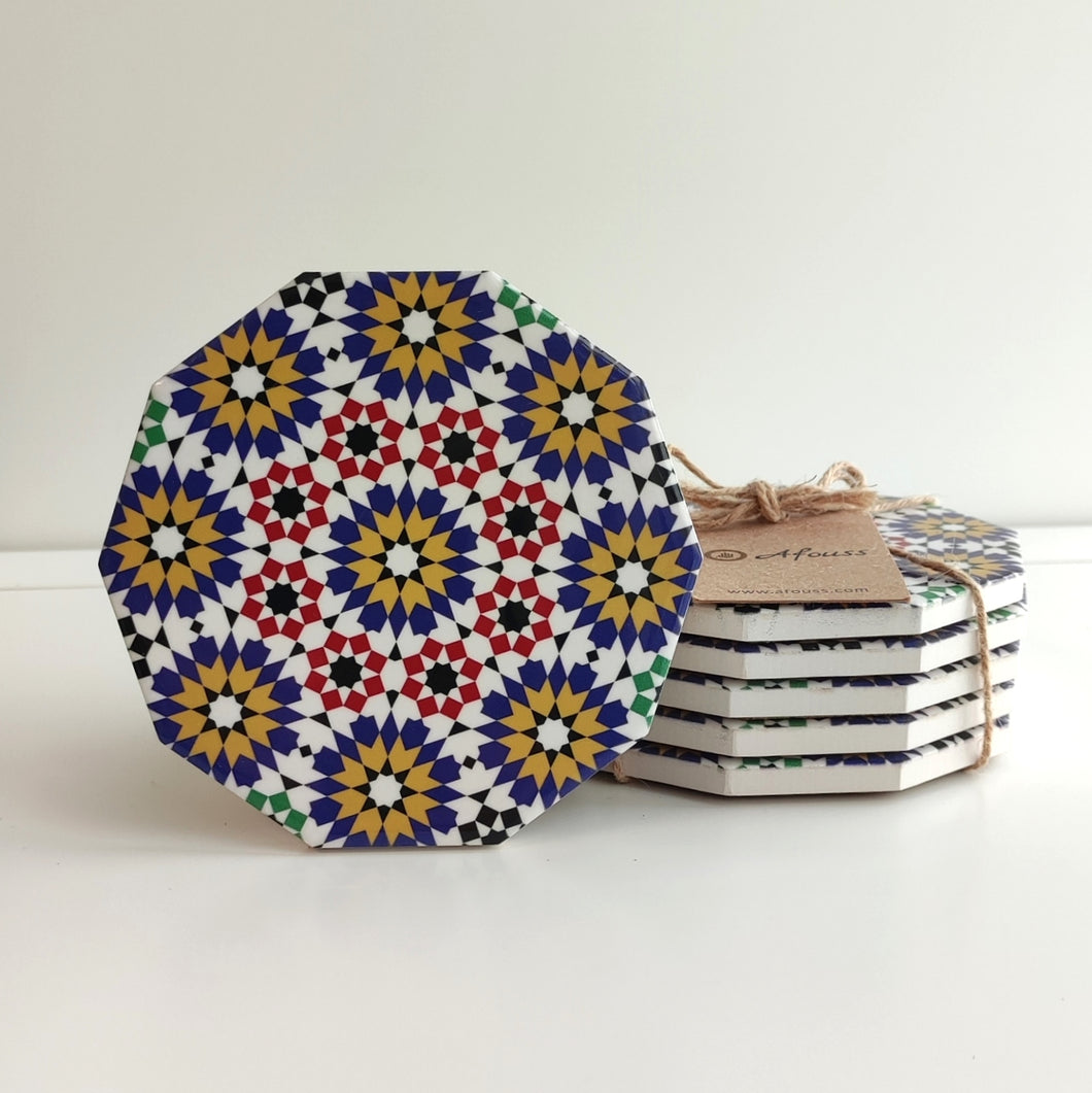 Set of 6 Ceramic Coaster - Moroccan Zellige Pattern